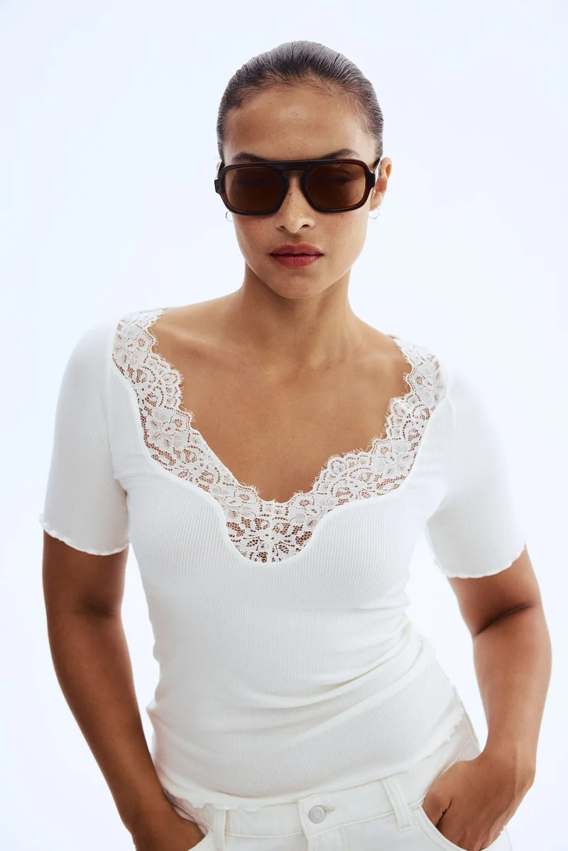 H&M Lace-trimmed ribbed top