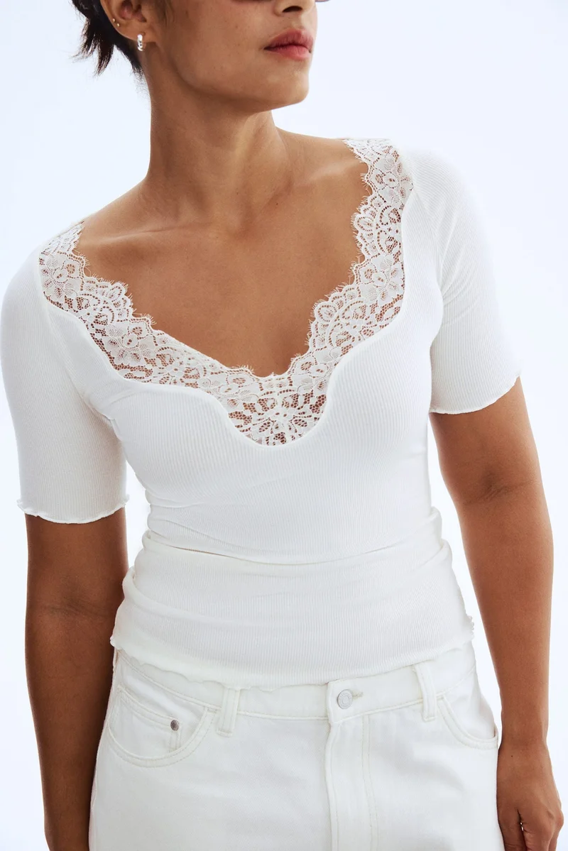 H&M Lace-trimmed ribbed top