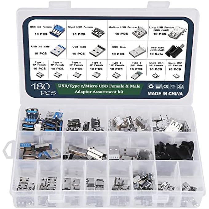 rayihni 180PCS USB 2.0 3.0 TYPE A TYPE C MICRO USB MALE FEMALE CONNECTOR ADAPTER PLUG, SOLDERING USB FEMALE ASSORTMENT KIT PCB MOUNTING DIY SOLDER REPLACEMENT PARTS - Image 2