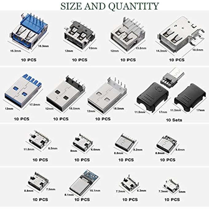 rayihni 180PCS USB 2.0 3.0 TYPE A TYPE C MICRO USB MALE FEMALE CONNECTOR ADAPTER PLUG, SOLDERING USB FEMALE ASSORTMENT KIT PCB MOUNTING DIY SOLDER REPLACEMENT PARTS - Image 3