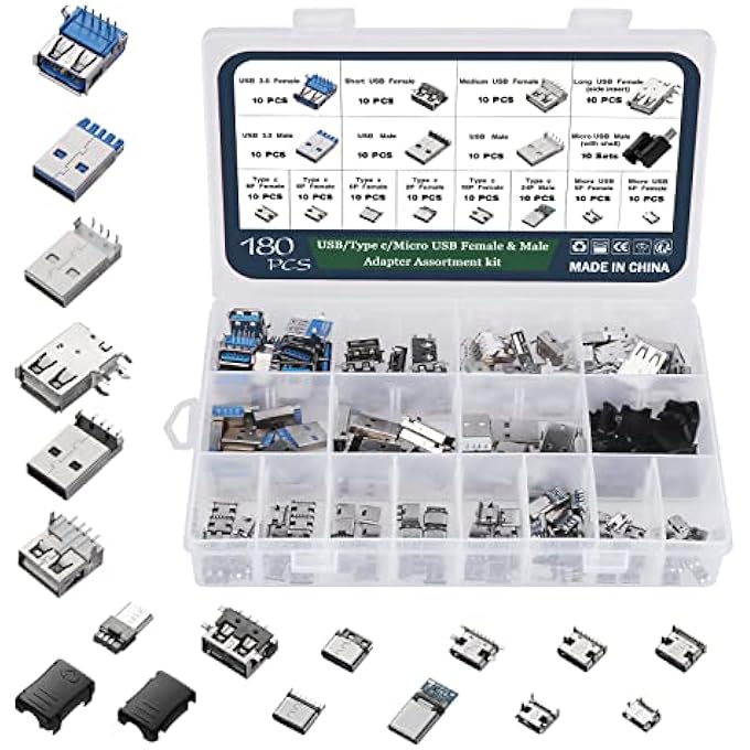 rayihni 180PCS USB 2.0 3.0 TYPE A TYPE C MICRO USB MALE FEMALE CONNECTOR ADAPTER PLUG, SOLDERING USB FEMALE ASSORTMENT KIT PCB MOUNTING DIY SOLDER REPLACEMENT PARTS - Image 1