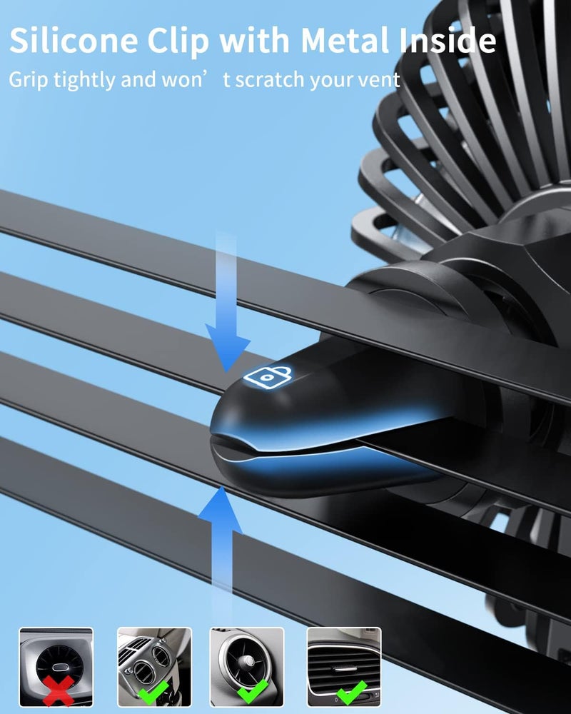 TriPole Car Fan USB Powered - Powerful 3 Speeds, Portable Cooling Clip Fan for Car Ventilation, Quiet Brushless Motor, 360 Degree Rotatable, Air Circulation for Vehicle - Image 2