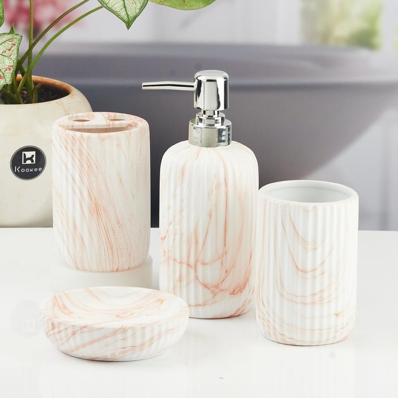 Kookee Ceramic Bathroom Set - Stylish 4 Piece Bath Accessories Kit with Soap Dispenser, Toothbrush Holder, Tumbler & Soap Dish - Modern & Designer Decor for Home & Guest Bathrooms (11425) - Image 2