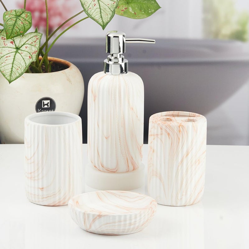 Kookee Ceramic Bathroom Set - Stylish 4 Piece Bath Accessories Kit with Soap Dispenser, Toothbrush Holder, Tumbler & Soap Dish - Modern & Designer Decor for Home & Guest Bathrooms (11425) - Image 4