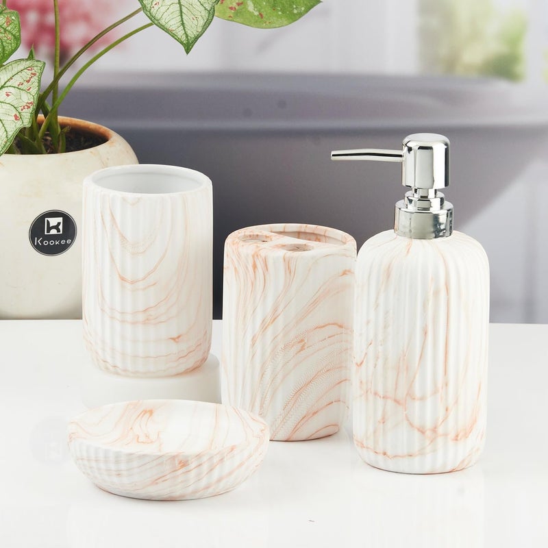 Kookee Ceramic Bathroom Set - Stylish 4 Piece Bath Accessories Kit with Soap Dispenser, Toothbrush Holder, Tumbler & Soap Dish - Modern & Designer Decor for Home & Guest Bathrooms (11425) - Image 3