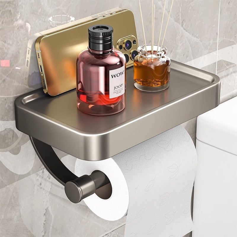 No-Drill Wall-Mounted Toilet Paper Holder with Phone Shelf - Image 1