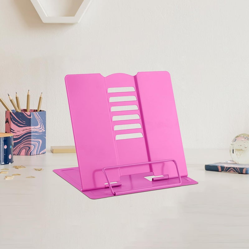 MSDADA Small Desk Book Stand Metal Reading Rest Book Holder Adjustable Cookbook Documents Holder Portable Sturdy Bookstands for Recipes Textbooks Tablet Music Books(Rose Red - Image 1