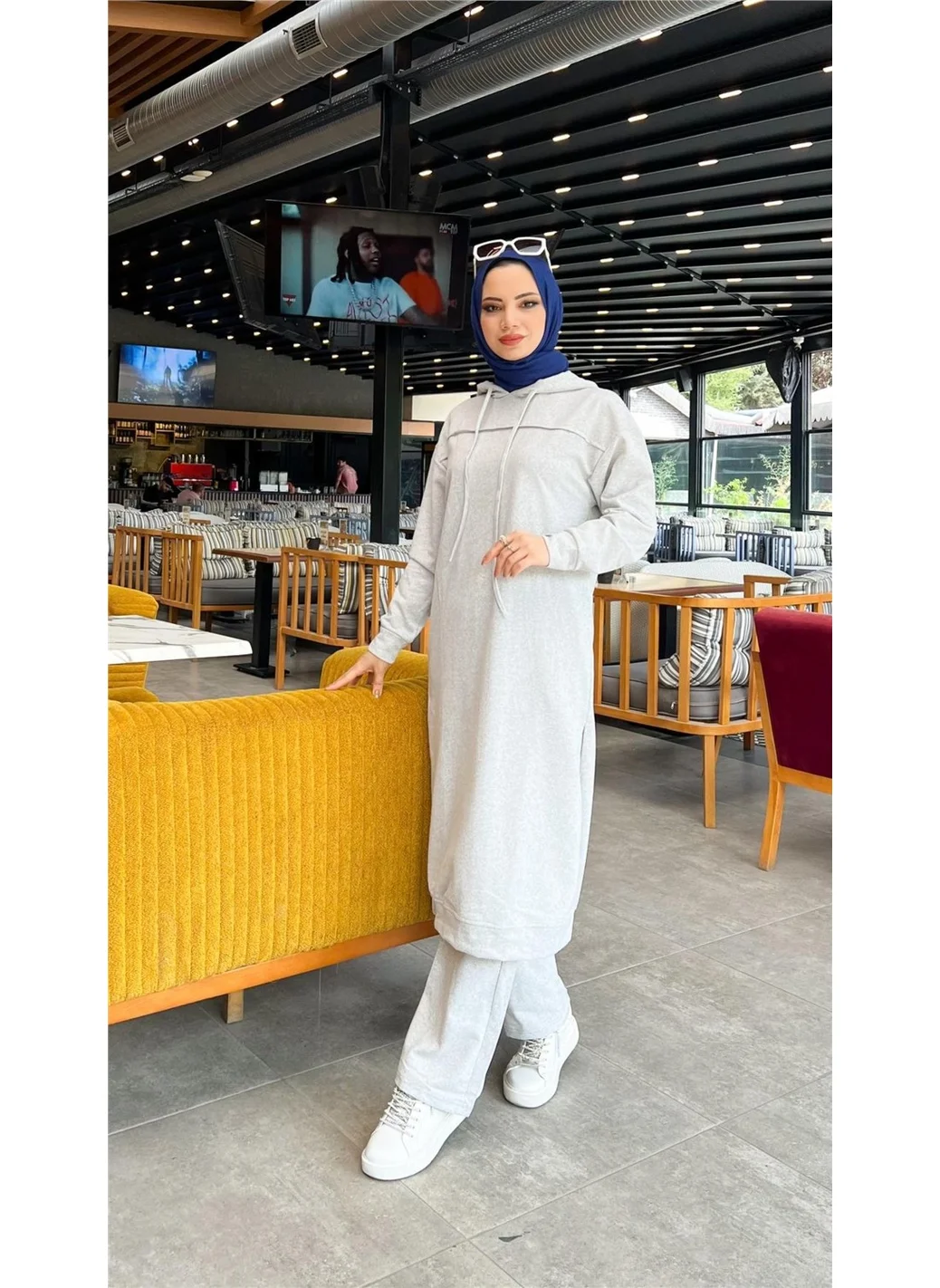 Bwest Long Tunic Hooded Side Slit Double Sports Suit - 3034 - Gray