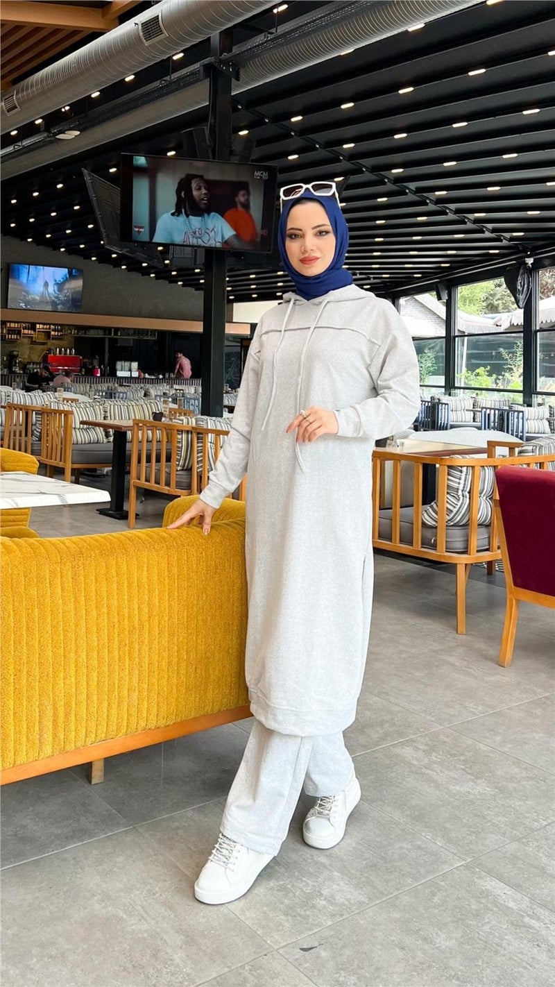 Bwest Long Tunic Hooded Side Slit Double Sports Suit - 3034 - Gray - Image 1