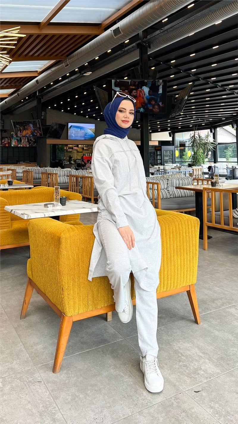 Bwest Long Tunic Hooded Side Slit Double Sports Suit - 3034 - Gray - Image 4