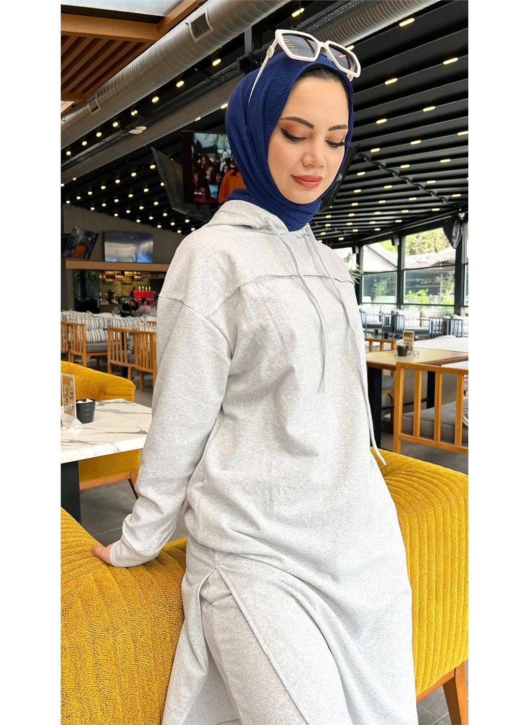 Bwest Long Tunic Hooded Side Slit Double Sports Suit - 3034 - Gray
