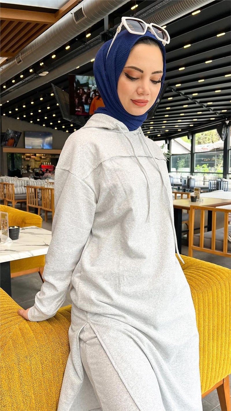 Bwest Long Tunic Hooded Side Slit Double Sports Suit - 3034 - Gray - Image 2