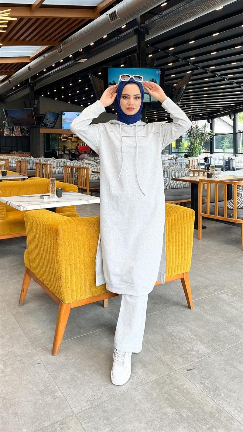 Bwest Long Tunic Hooded Side Slit Double Sports Suit - 3034 - Gray - Image 5