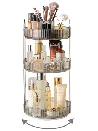 Asayuee 360 Rotating Makeup Organizer3 Tier Large Capacity Make Up Organizers and StorageSkincare Perfume Vanity OrganizersBathroom Cosmetics Storage Organizer CountertopGrey - Image 1