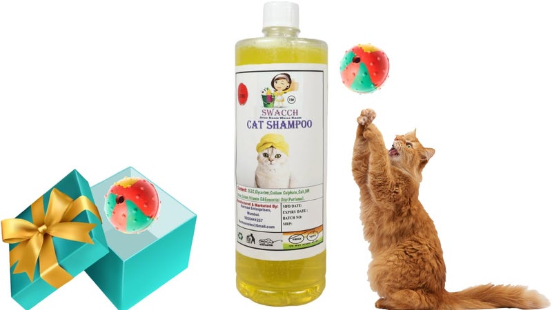 swacch Cat Shampoo + Rubber Musical Ball I Chew Playing Rubber Ball I Interactive Cat Toy Balls I Training & Play I Combo Pack I 1 Litre Lemon - Image 1