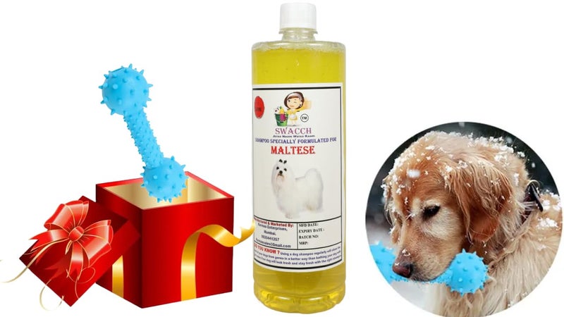 swacch Maltese Dog Shampoo + Dumbbell Toy I Durable Rubber Dog Toy for Chewing I Playing,Teeth Cleaning & Training Toy I Combo Pack I 1 Litre Lemon - Image 1