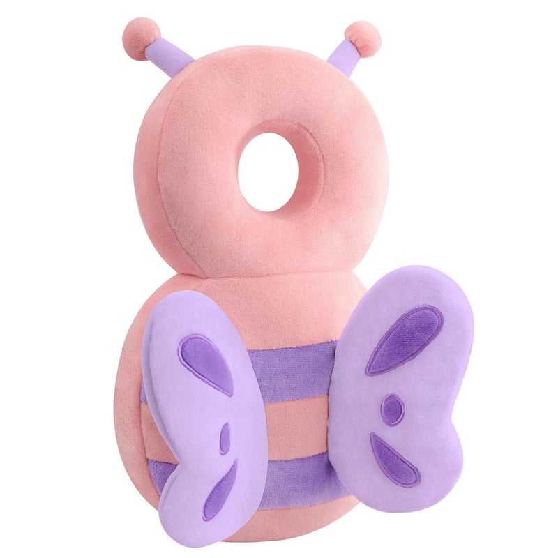 Qioo Baby Head Protection Backpack - Soft & Comfortable, Cute Cartoon Design, Pink Butterfly - Image 1
