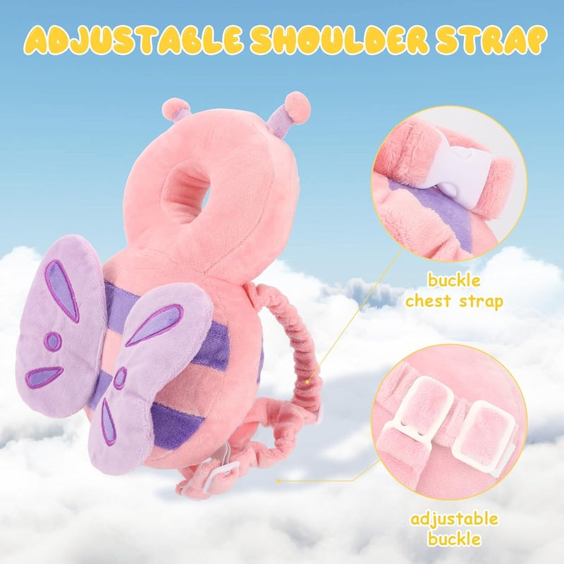 Qioo Baby Head Protection Backpack - Soft & Comfortable, Cute Cartoon Design, Pink Butterfly - Image 2