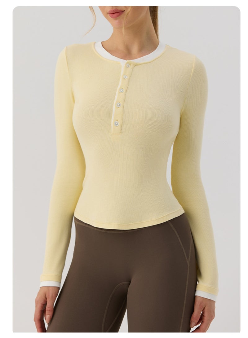 Meilun Pale Yellow Long - Sleeve Henley Top with Contrast Trim - Image 5