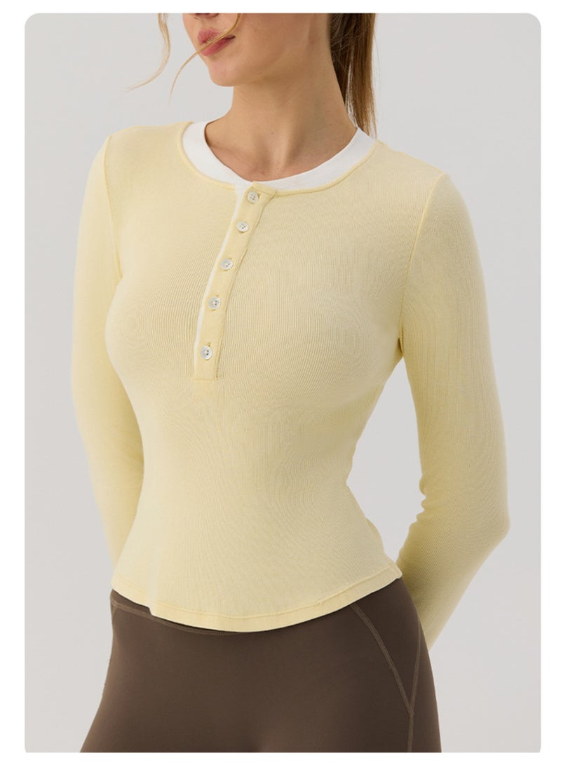 Meilun Pale Yellow Long - Sleeve Henley Top with Contrast Trim - Image 4