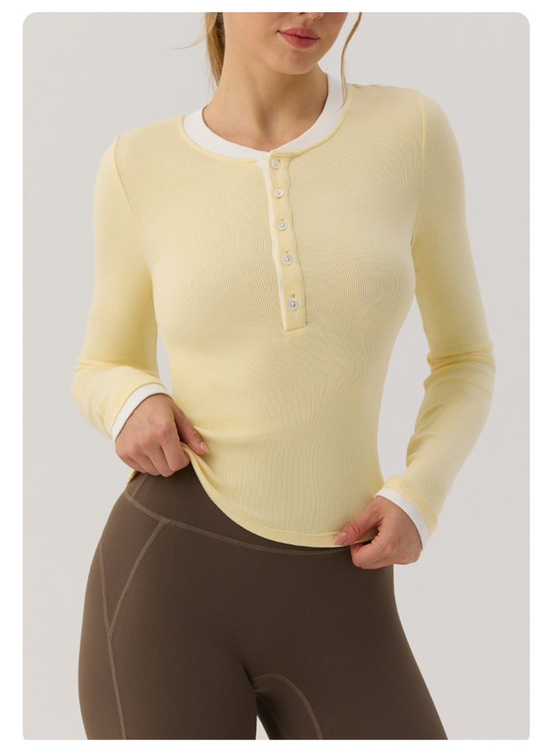 Meilun Pale Yellow Long - Sleeve Henley Top with Contrast Trim - Image 2