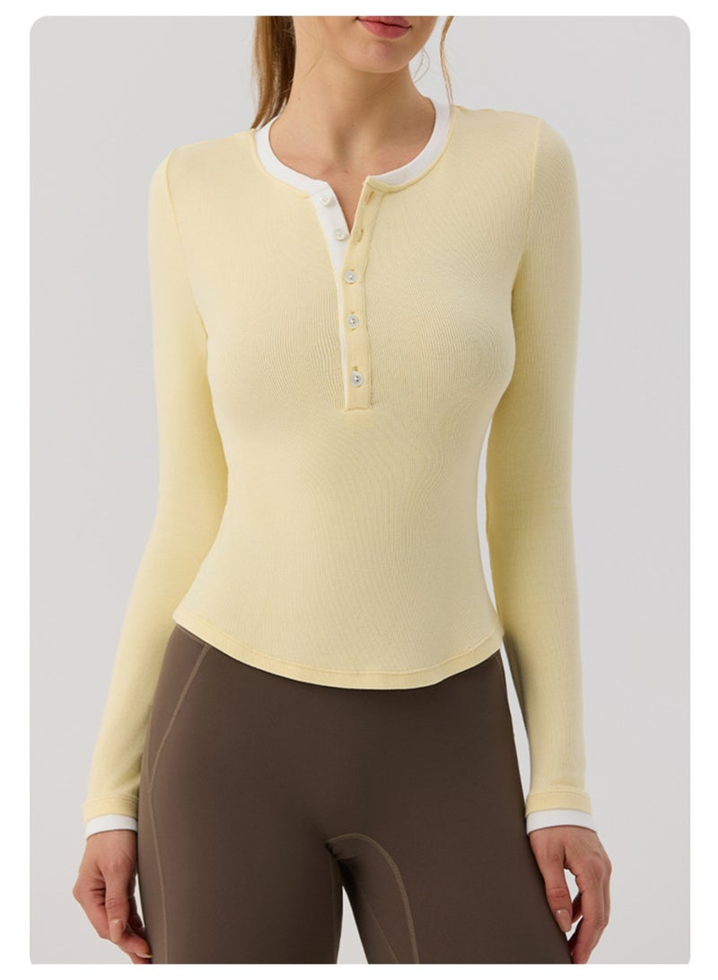 Meilun Pale Yellow Long - Sleeve Henley Top with Contrast Trim - Image 1