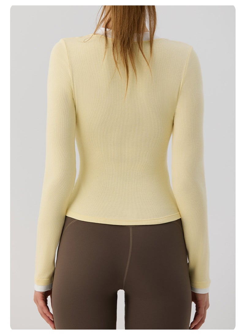 Meilun Pale Yellow Long - Sleeve Henley Top with Contrast Trim - Image 3