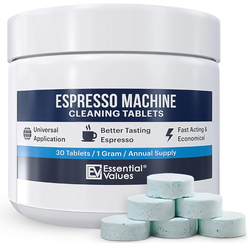 Essential Values Espresso Machine Cleaning Tablets (30 Tablets), Compatible with Breville Barista Express, Gaggia, Delonghi, Jura, Philips - Universal Descaler for Espresso Machines - Image 1