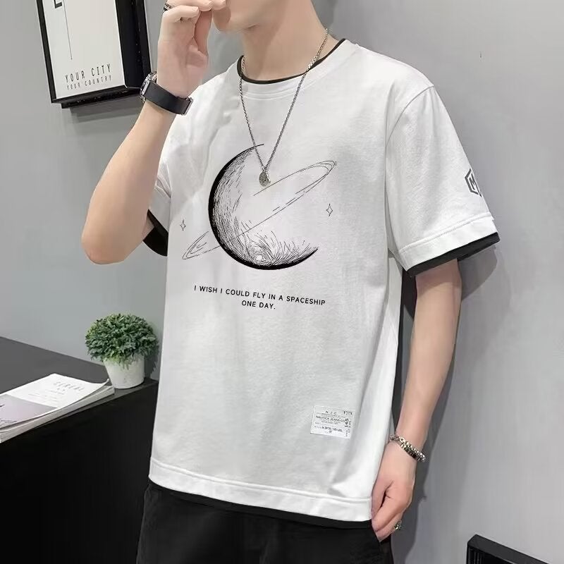 تي شيرت قصير الأكمام للرجال بالجملة من علامة Tide من حرير الثلج للطلاب ملابس شبابية مزيفة صيفية فضفاضة رمادية - Image 3