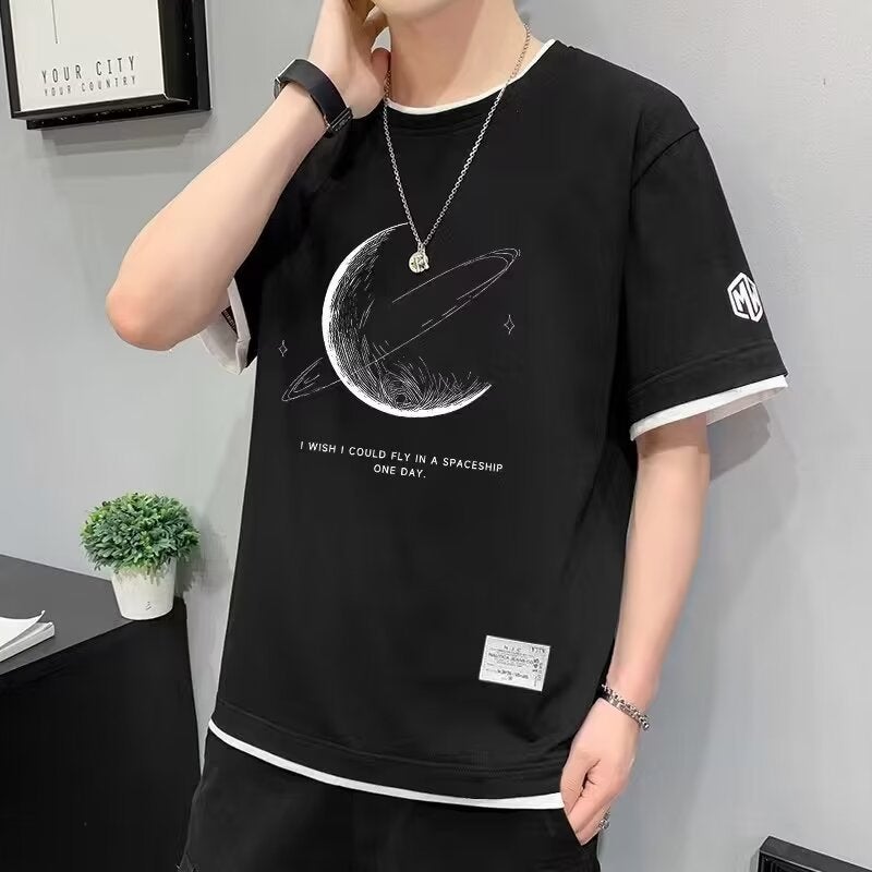 تي شيرت قصير الأكمام للرجال بالجملة من علامة Tide من حرير الثلج للطلاب ملابس شبابية مزيفة صيفية فضفاضة رمادية - Image 4