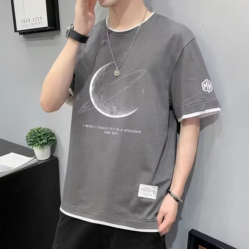 تي شيرت قصير الأكمام للرجال بالجملة من علامة Tide من حرير الثلج للطلاب ملابس شبابية مزيفة صيفية فضفاضة رمادية - Image 2