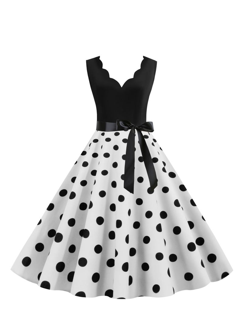 Loquat V-neck Sleeveless Polka Dot Lace Up Waist Retro Large Swing Dress White/Black  - Image 1