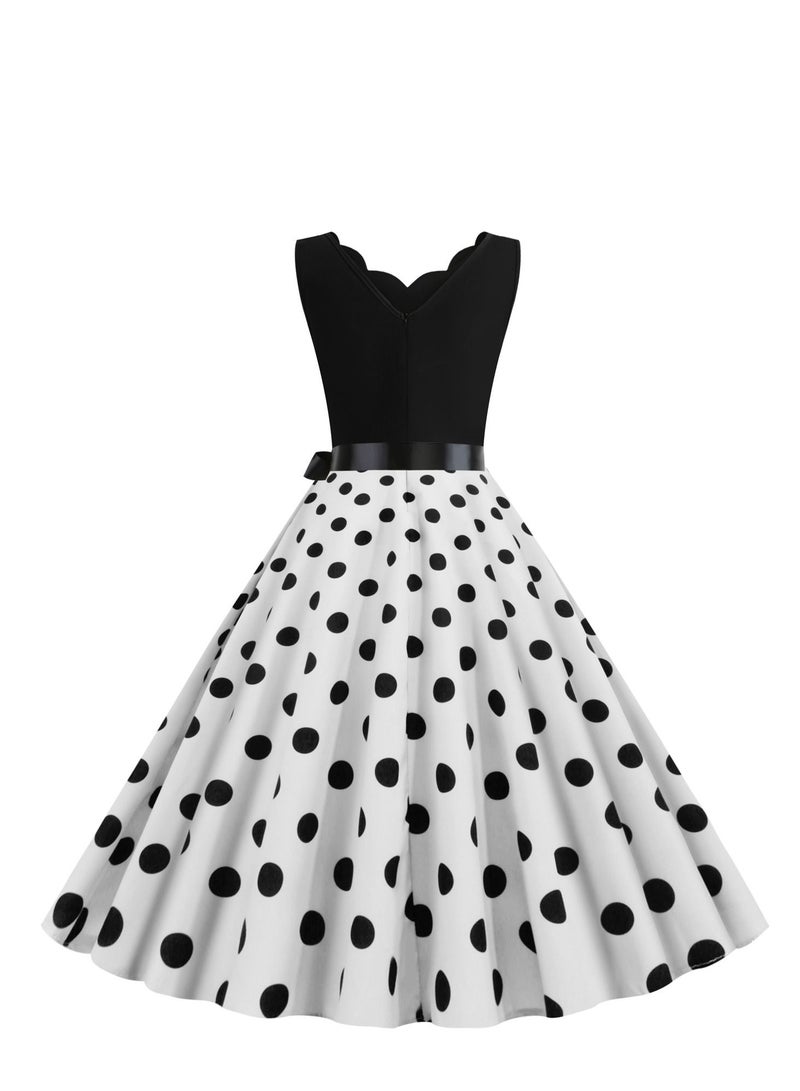 Loquat V-neck Sleeveless Polka Dot Lace Up Waist Retro Large Swing Dress White/Black  - Image 3