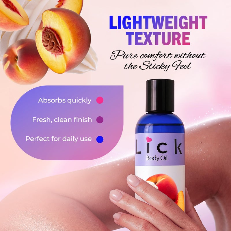 LICK زيت الجسم المعطر بنكهة الخوخ والكريمة - زيت مرطب فاخر لبشرة متألقة، غني بزيوت الخروع واللوز والجرجير، وفيتامين E. مثالي للتدليك والعناية اليومية 4 أونصة سائلة. - Image 5
