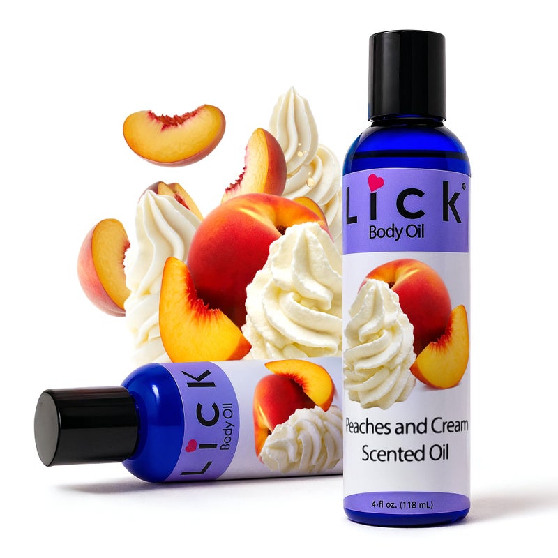 LICK زيت الجسم المعطر بنكهة الخوخ والكريمة - زيت مرطب فاخر لبشرة متألقة، غني بزيوت الخروع واللوز والجرجير، وفيتامين E. مثالي للتدليك والعناية اليومية 4 أونصة سائلة. - Image 3