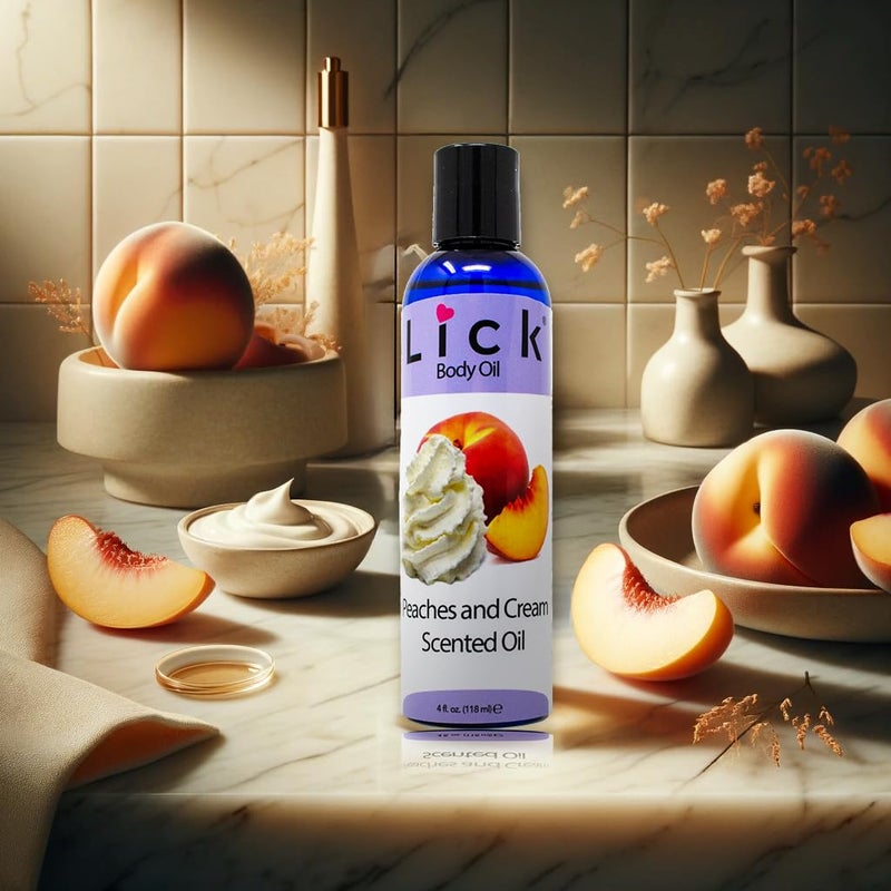 LICK زيت الجسم المعطر بنكهة الخوخ والكريمة - زيت مرطب فاخر لبشرة متألقة، غني بزيوت الخروع واللوز والجرجير، وفيتامين E. مثالي للتدليك والعناية اليومية 4 أونصة سائلة. - Image 2