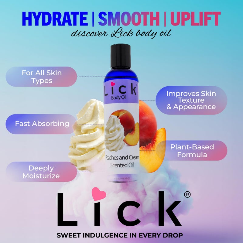 LICK زيت الجسم المعطر بنكهة الخوخ والكريمة - زيت مرطب فاخر لبشرة متألقة، غني بزيوت الخروع واللوز والجرجير، وفيتامين E. مثالي للتدليك والعناية اليومية 4 أونصة سائلة. - Image 4