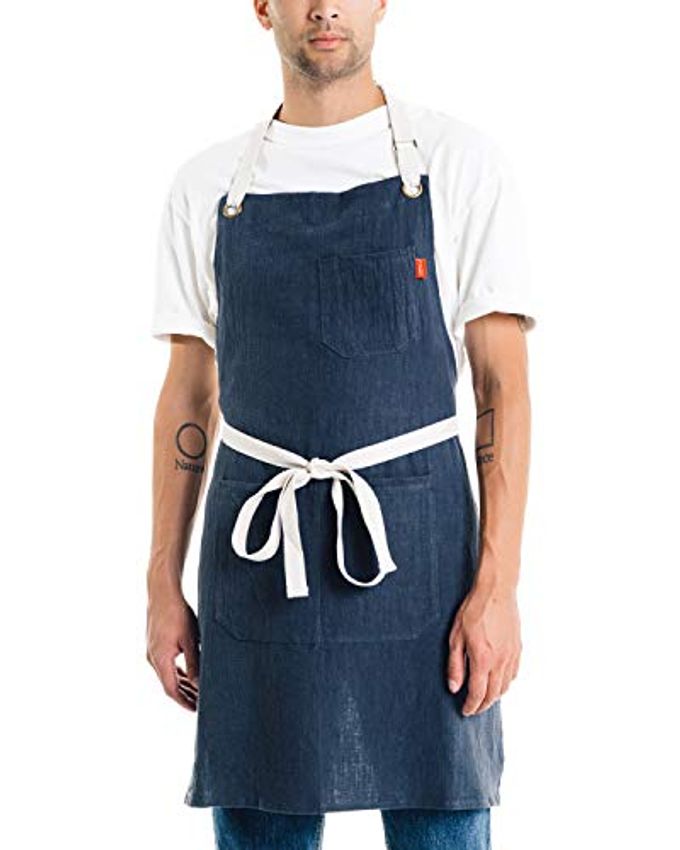 Caldo Linen Kitchen Apron for CookingMens and Womens Linen Bib Apron for Professional Chef, Server, or BaristaAdjustable with Pockets (Navy) - Image 4