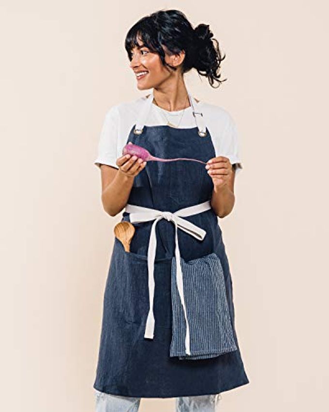Caldo Linen Kitchen Apron for CookingMens and Womens Linen Bib Apron for Professional Chef, Server, or BaristaAdjustable with Pockets (Navy) - Image 3