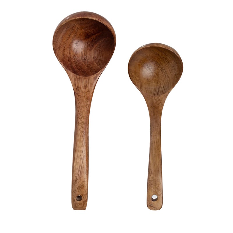 EORTA Set of 2 Wooden Spoons for Cooking 2 Sizes Deep Ladle Natural Wood Sauces Porridge Soup Flatware with Long Straight Handle Kitchen Serving Tools for Dinner Cooking Catering Gift Large Small