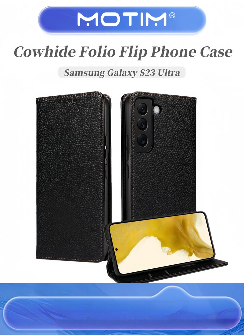 Motim Samsung Galaxy S23 Ultra Leather Wallet Case Genuine Cowhide Folio Flip Cover for Men & Women - Image 1