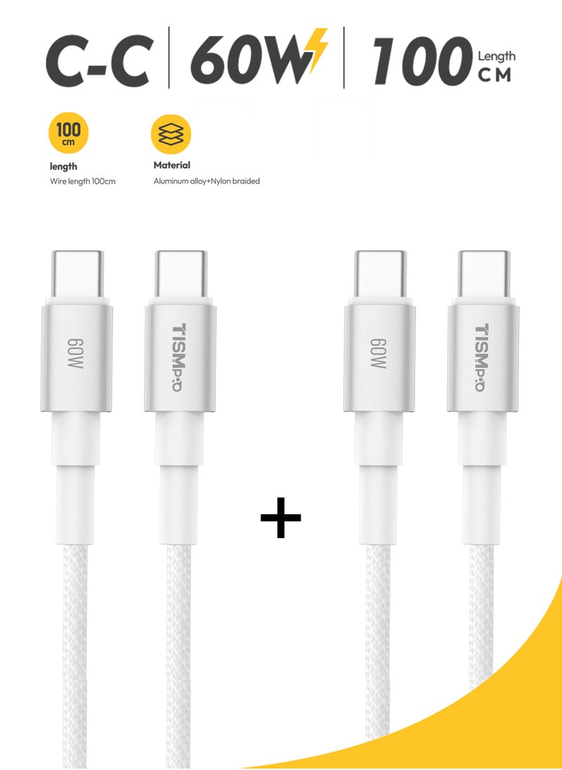 تيسمبرو - 2 عبوة ، كابل شحن سريع USB-C إلى USB-C بقوة 60 واط ، سبائك ألومنيوم مضفرة 1 متر ، إخراج 3 أمبير ، نقل بيانات 480 ميجابت في الثانية ، سلك متين عالي الكثافة ، ذيل شبكي SR مضاد للكسر ومقوى - أبيض - Image 1