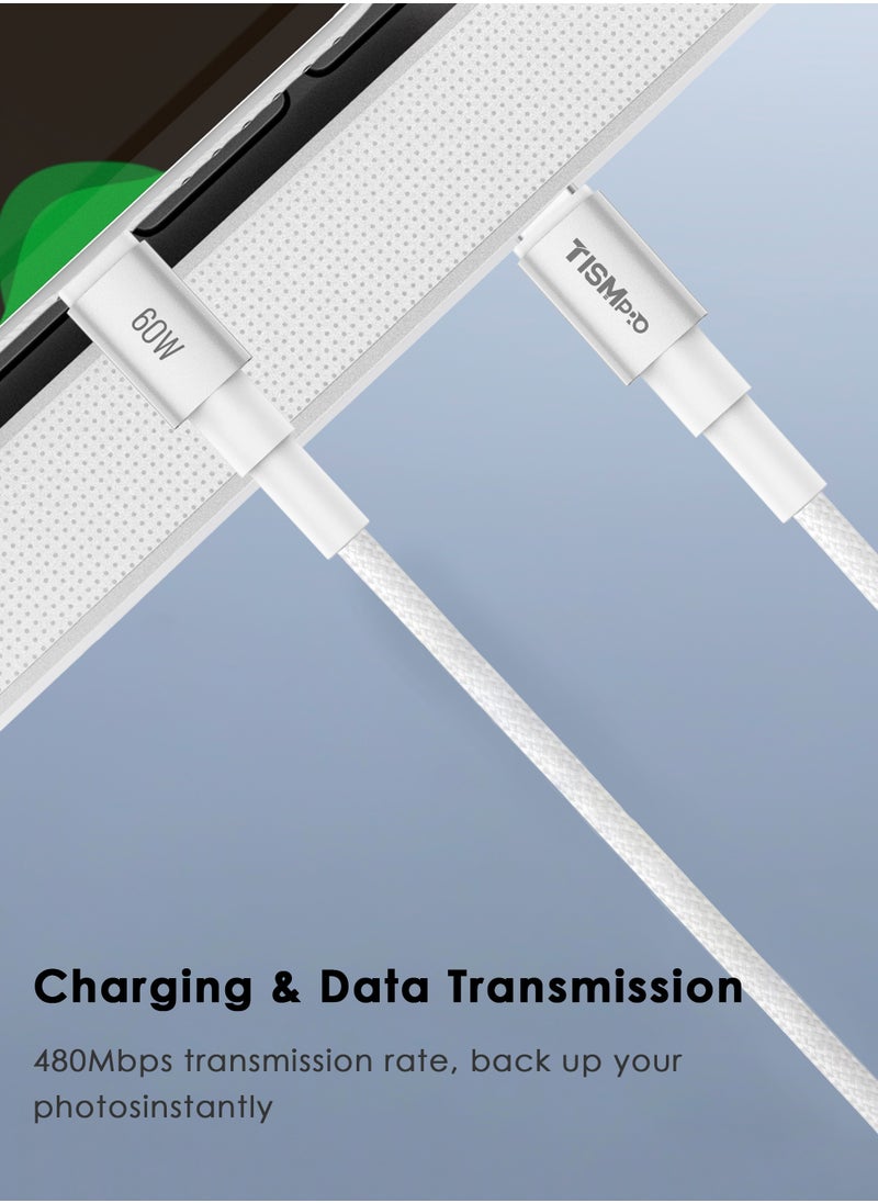 تيسمبرو - 2 عبوة ، كابل شحن سريع USB-C إلى USB-C بقوة 60 واط ، سبائك ألومنيوم مضفرة 1 متر ، إخراج 3 أمبير ، نقل بيانات 480 ميجابت في الثانية ، سلك متين عالي الكثافة ، ذيل شبكي SR مضاد للكسر ومقوى - أبيض - Image 1