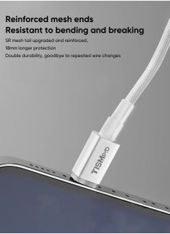 تيسمبرو 2 عبوة ، كابل شحن سريع USB-C إلى USB-C بقوة 60 واط ، سبائك ألومنيوم مضفرة 1 متر ، إخراج 3 أمبير ، نقل بيانات 480 ميجابت في الثانية ، سلك متين عالي الكثافة ، ذيل شبكي SR مضاد للكسر ومقوى - أبيض  - Image 4