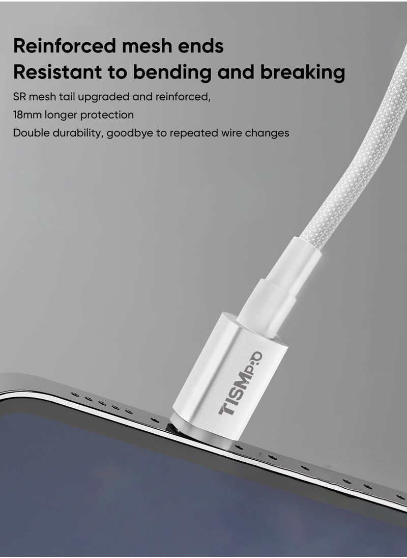 تيسمبرو - 2 عبوة ، كابل شحن سريع USB-C إلى USB-C بقوة 60 واط ، سبائك ألومنيوم مضفرة 1 متر ، إخراج 3 أمبير ، نقل بيانات 480 ميجابت في الثانية ، سلك متين عالي الكثافة ، ذيل شبكي SR مضاد للكسر ومقوى - أبيض - Image 1