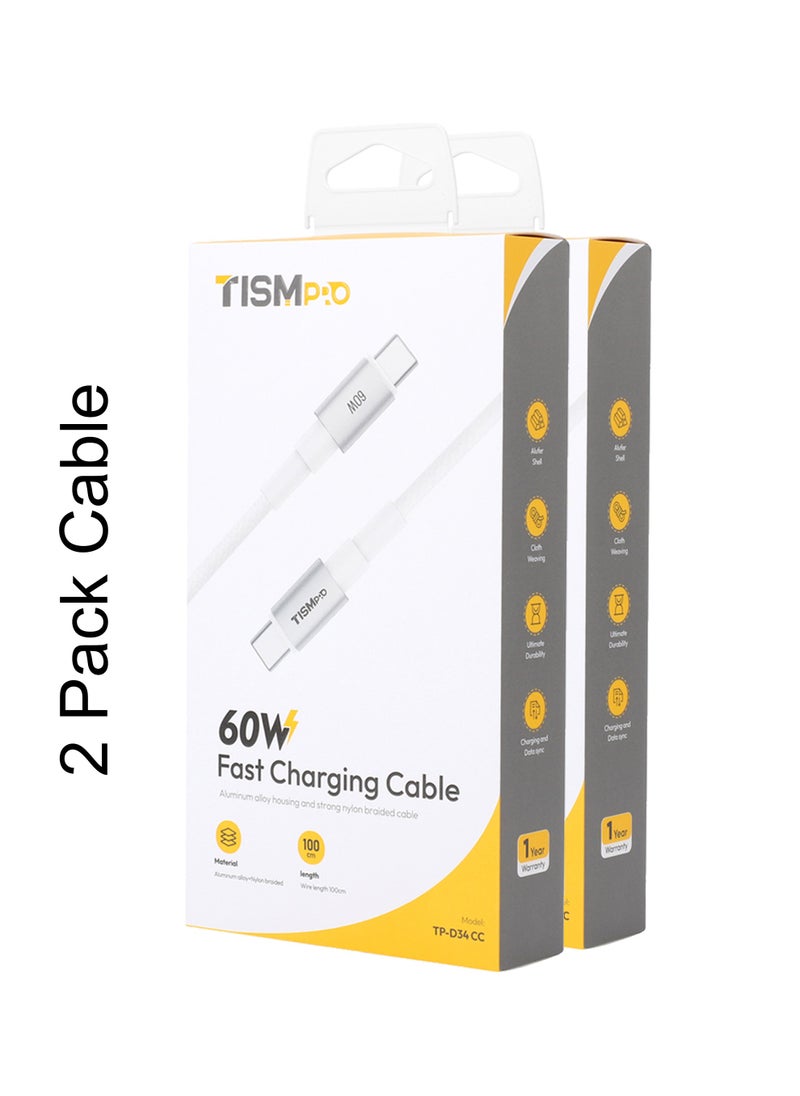 تيسمبرو - 2 عبوة ، كابل شحن سريع USB-C إلى USB-C بقوة 60 واط ، سبائك ألومنيوم مضفرة 1 متر ، إخراج 3 أمبير ، نقل بيانات 480 ميجابت في الثانية ، سلك متين عالي الكثافة ، ذيل شبكي SR مضاد للكسر ومقوى - أبيض - Image 1