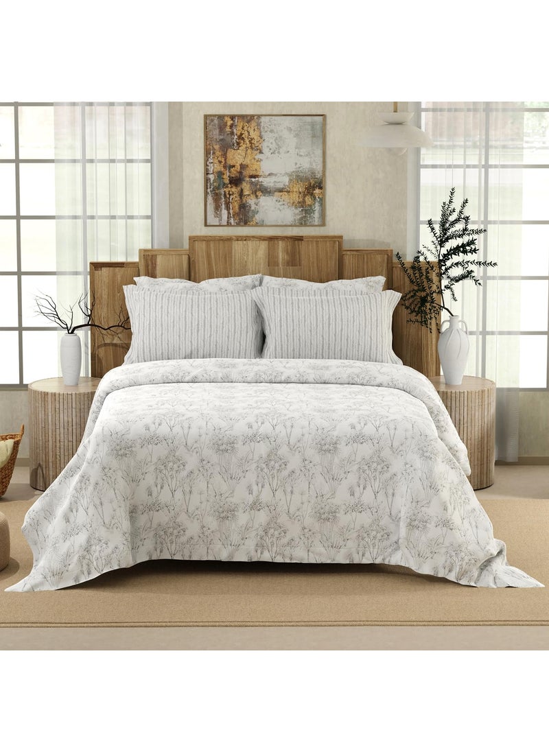 BOUTIQUE LIVING BOUTIQUE LIVING Isabella 500 TC Tencel Cotton King Size Bedsheet with 4 Pillow Covers Double Marrow Stitch White Grey Floral Print 