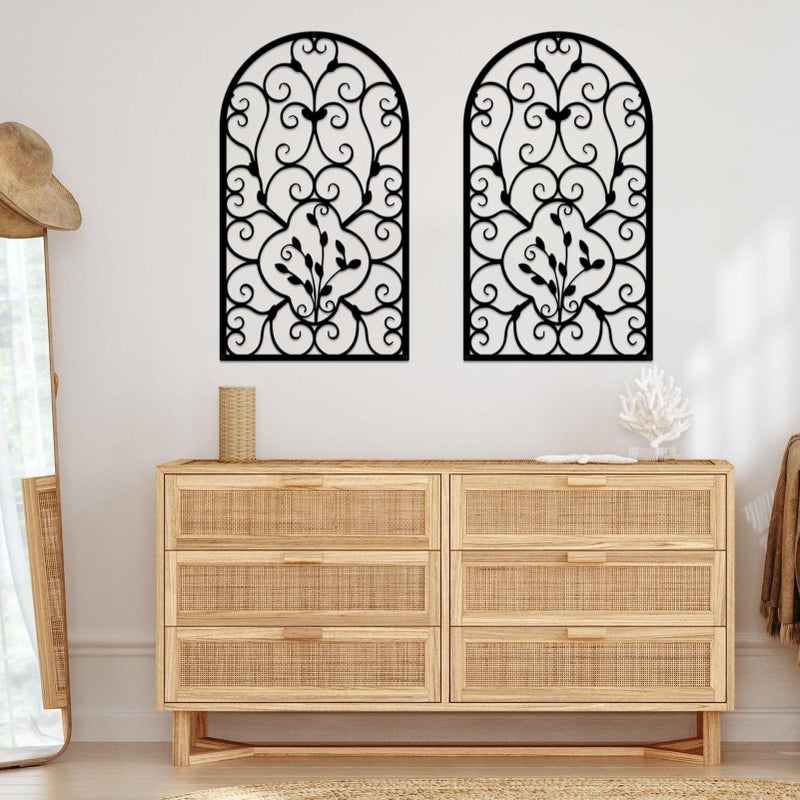 Resama 2 Pcs Scroll Home Wall Decor, Rustic Metal Wall Decor Window Arch Design Modern Farmhouse Wall Sculptures Hanging for Living Room Bedroom Hallway Kitchen (Black, 15.7" X 9") - Image 1