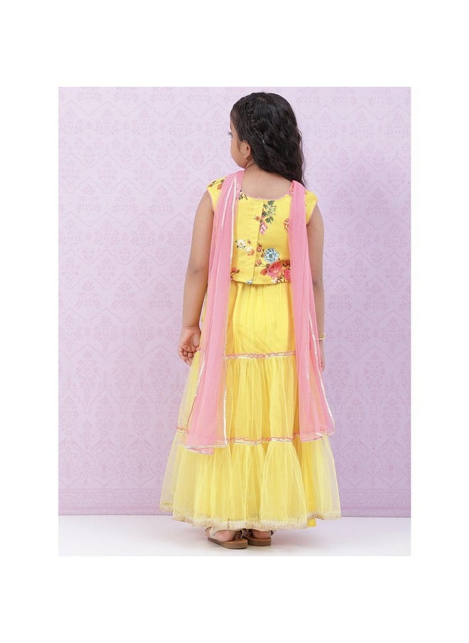 Biba - BIBA Girl Printed Relaxed Silk Blend Readymade Lehenga Choli Set (Kw4966_Lime Yellow_9) - Image 1