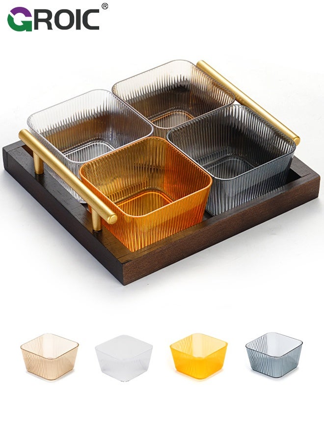GROIC Serving Snack Tray Set, Trays for Serving Food, Charcuterie, Fruit Platter Tray for Parties or Home Hospitality, Appetizer Dishes and Dessert Trays,4 Removable Plastic Snack Bowls and Bamboo Platter, - Image 1